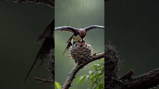 The mother bird's protection in the wind and rain.🐦⬛🦜🐤🕊️❣️....#animals #birds #nature #song #songs