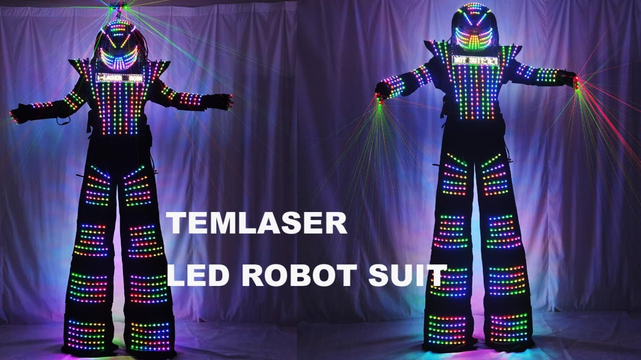LED Robot Costume Clothes Full Color Chest Display White Silver Leather Stilt Walking Luminous Suit