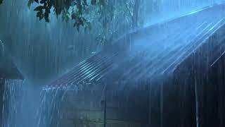 Sleep Instantly in Palm Tent Roof with Dense Heavy Rain \& Amazing Thunder in Foggy Forest at Night