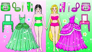 Paper Dolls Dress Up - Pink Vs Green Barbie Makeup and Dress Up Contest - Barbie Story & Crafts