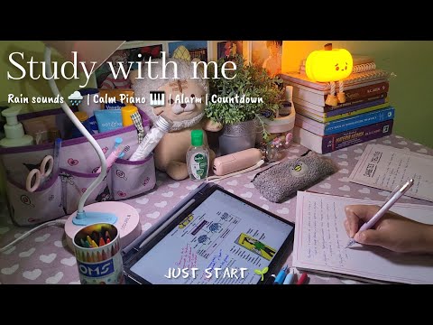 1 hour - Study With Me 📚 | Calm Piano, Rain Sounds 🌧,  Alarm, Countdown 