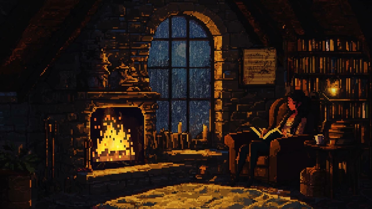 Thunderstorm In A Pixel Stone Room With Fireplace - 3H Ambience For Sleeping And Relax