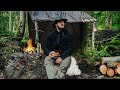Bivouac solo dans ma cabane bushcraft en construction  ep2 cuisine au feu de bois