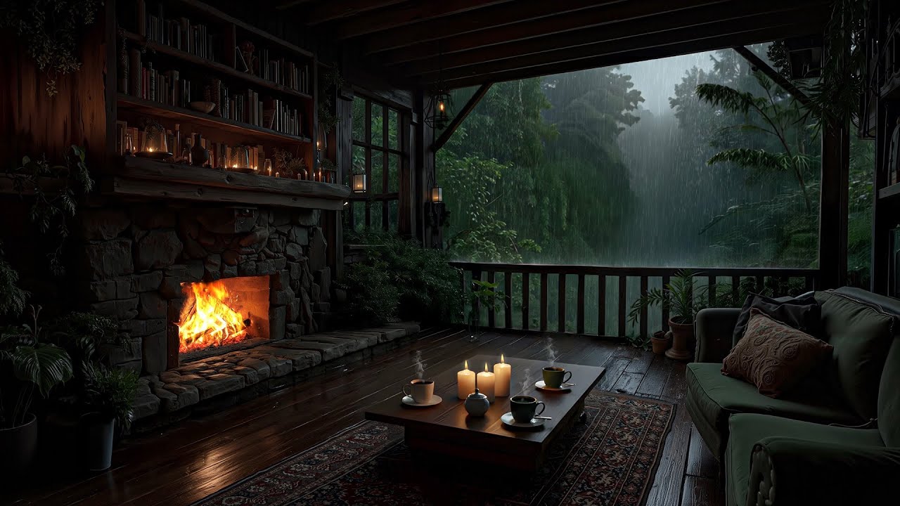 Cozy Bedroom Fireplace, Gentle Rain & Soft Piano for Deep Sleep
