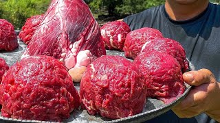 طهى لفائف اللحم مع قلب مشوى فى الغابة #beef #طعام #فكرة #الطعام