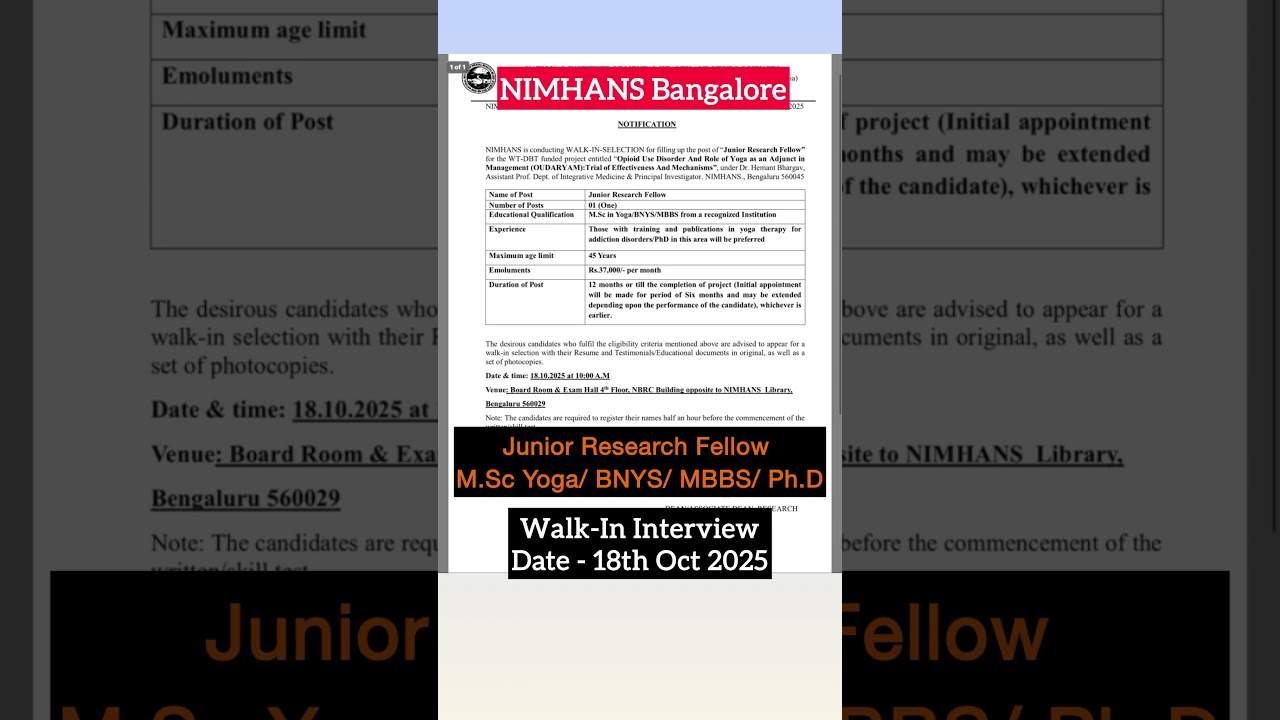 JRF Vacancy MSc Yoga /BNYS @NIMHANS Bangalore 