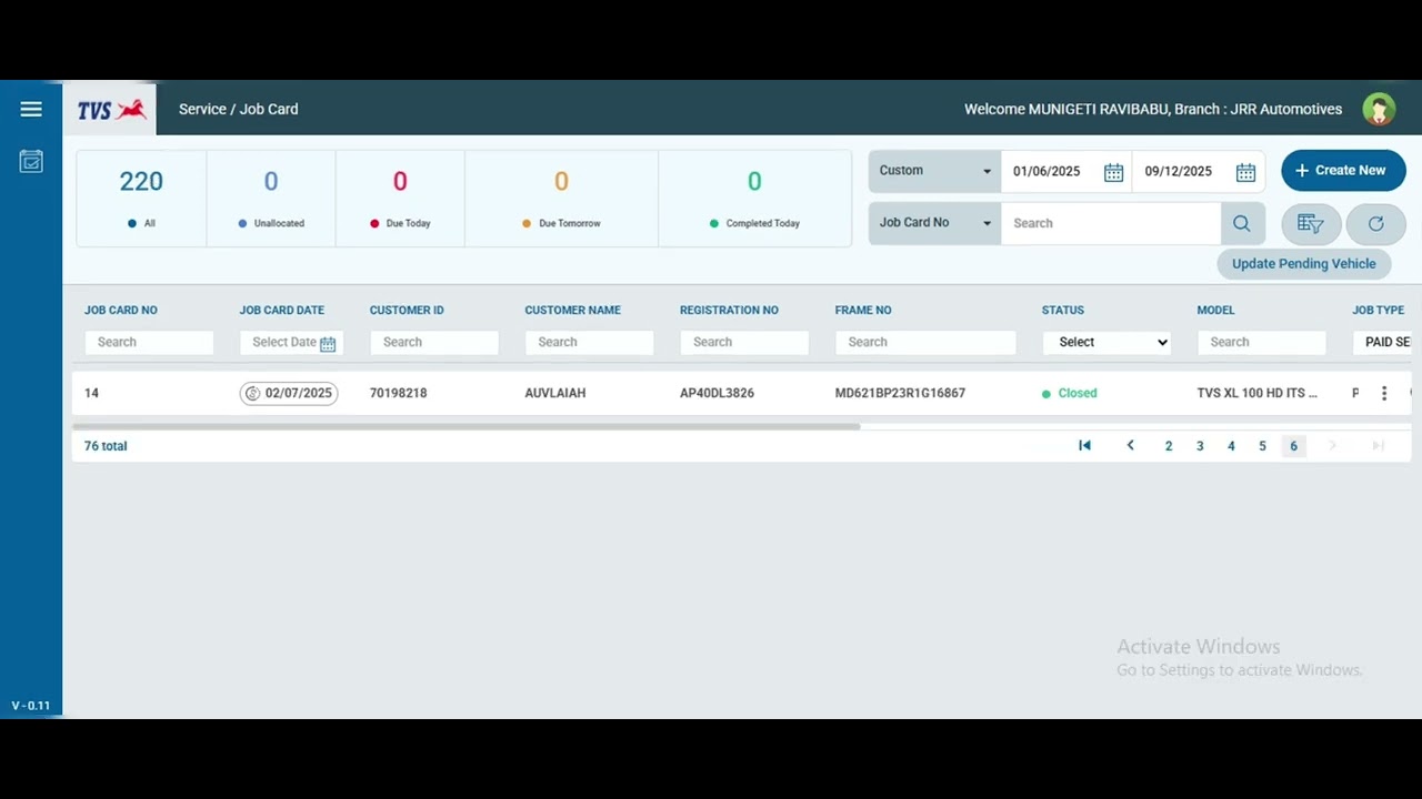 Job card entry and close , JRR TVS CUMBUM, MARKAPURAM, Andhra Pradesh 