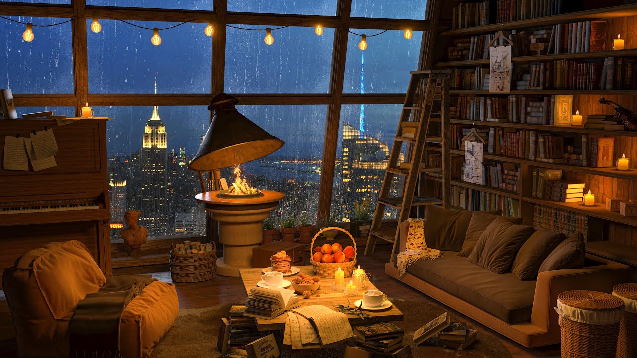 Relaxing Jazz Instrumental Music ☕ Rainy Night at Cozy Coffee Shop ...