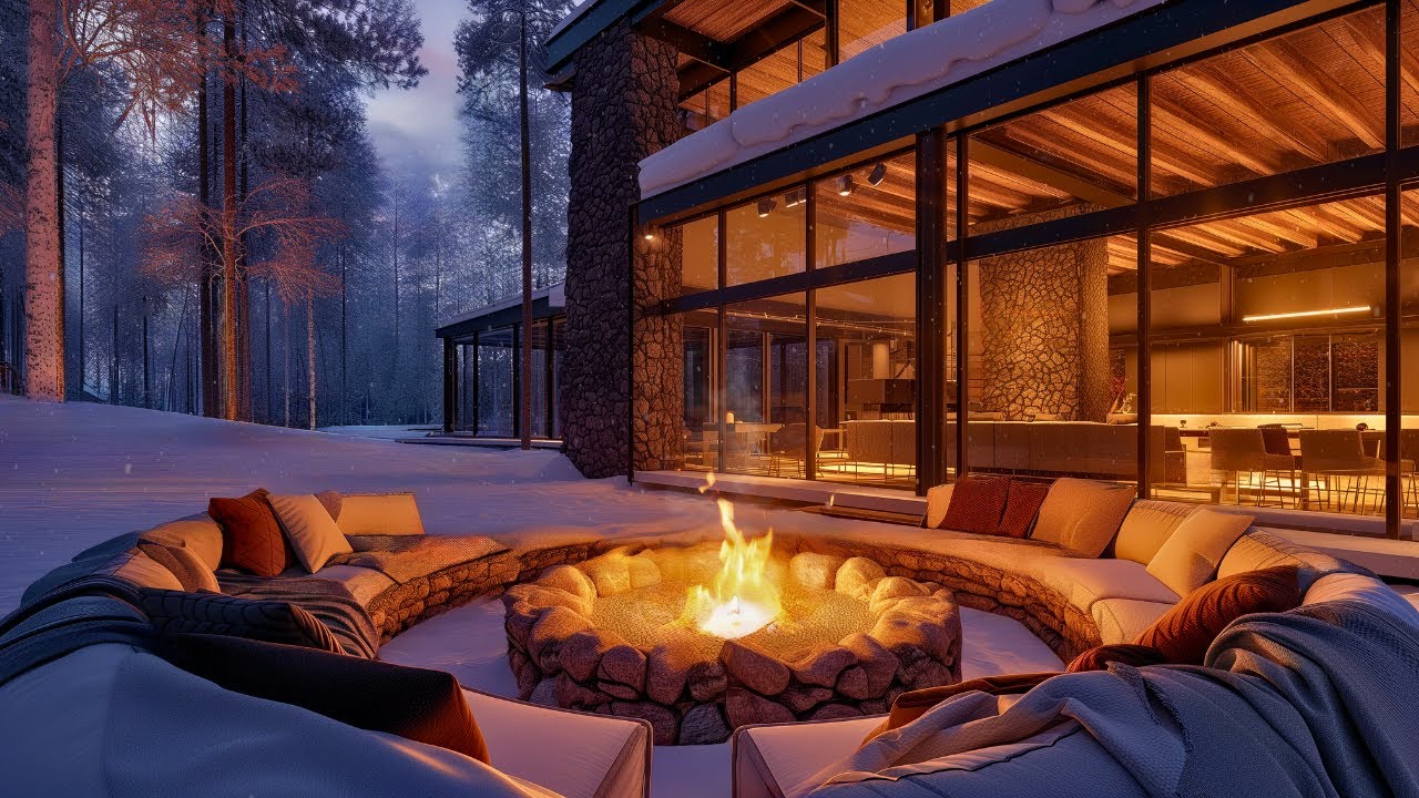 Cozy Winter Porch Ambience | Crackling Fireplace & Soothing Piano Music