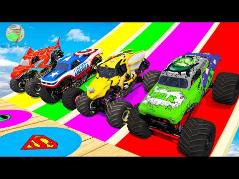 Double Flatbed Trailer Monster Trucks Transport with Slide Color - Cars vs Speed bump - BeamNG