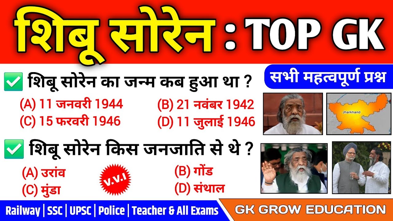 शिबू सोरेन संबंधित TOP 20 GK | Shibu Soren GK |For UPSC,  JSSC, JPSC, Teacher, Police & All Exams