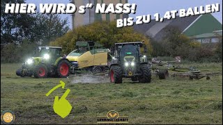 HIER WIRD S'' NASS! BIS ZU 1,4T BALLEN Grasernte - Siloballen Produktion Claas Traktoren im Einsatz