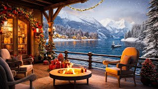 Cozy Winter Porch Ambiance in the Morning Snowfall with Warm Crackling Fireplace to Relaxing, Works