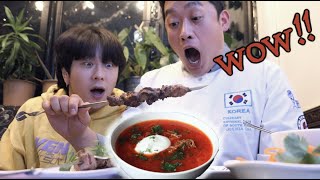 реакция корейского знаменитого шеф повара, впервые пробовавшего борщ, шашлык