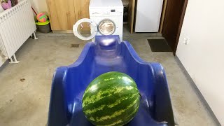 Experiment - Watermelon via Long Kids Slide - in to the Washing Machine - centrifuge