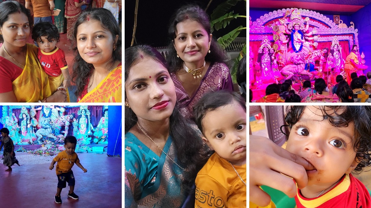 মহাষ্টমীতে ভোর ৪টের উঠে পুজো দিতে যাওয়ার জন্য Ready হয়ে গেলাম। ইভান নাচতেই ব্যাস্ত  ! 🕺🏻