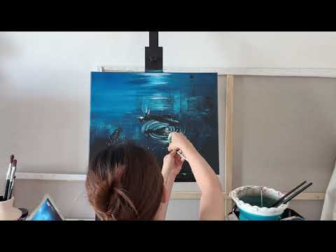 Surreal Blue Acrylic Painting - Floating Woman In Deep Dark Ocean | Dreamy Abstract Art