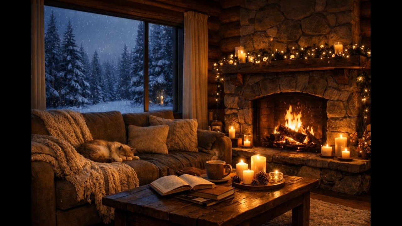 Snowfall Coffee Shop Ambience ☕❄️ Soft Jazz & Crackling Fireplace for Sleep, Study & Relax (4K)