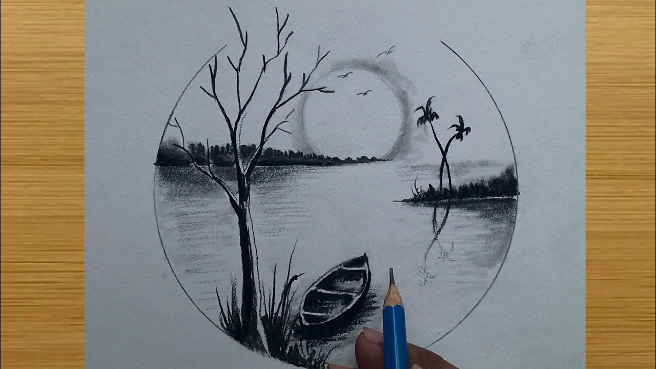 How to draw easy nature scenery drawing / charcoal and graphite pencil ...