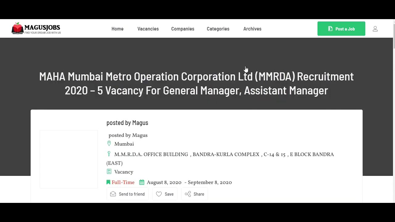 MAHA Mumbai Metro Operation Corporation Ltd Recruitment 2020 | 5 Vacancy | MMRDA | Mumbai Jobs