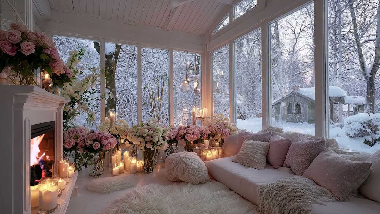 Howling Winter Wind & Fireplace Sounds ❄️ Warm Cozy Room for Sleep & Study