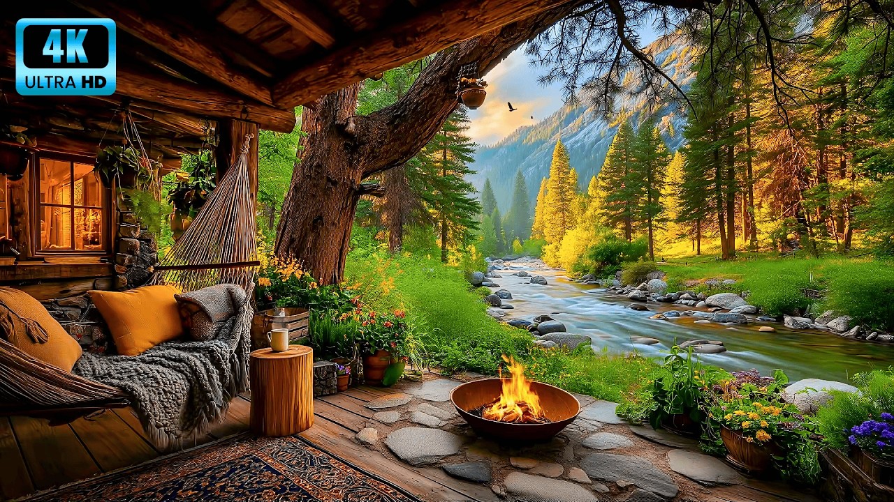 Peaceful Spring Riverside Cabin Ambience | Gentle River & Nature Sounds 4K