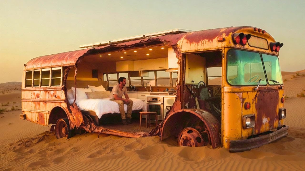 Building a Luxury Off-Grid Home Inside a Rusted School Bus Buried in Desert (Full ASMR Process)