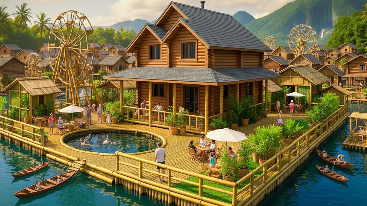 200Days Building a Massive Floating Log Cabin with a Private Pool from Scratch Using Primitive Tools