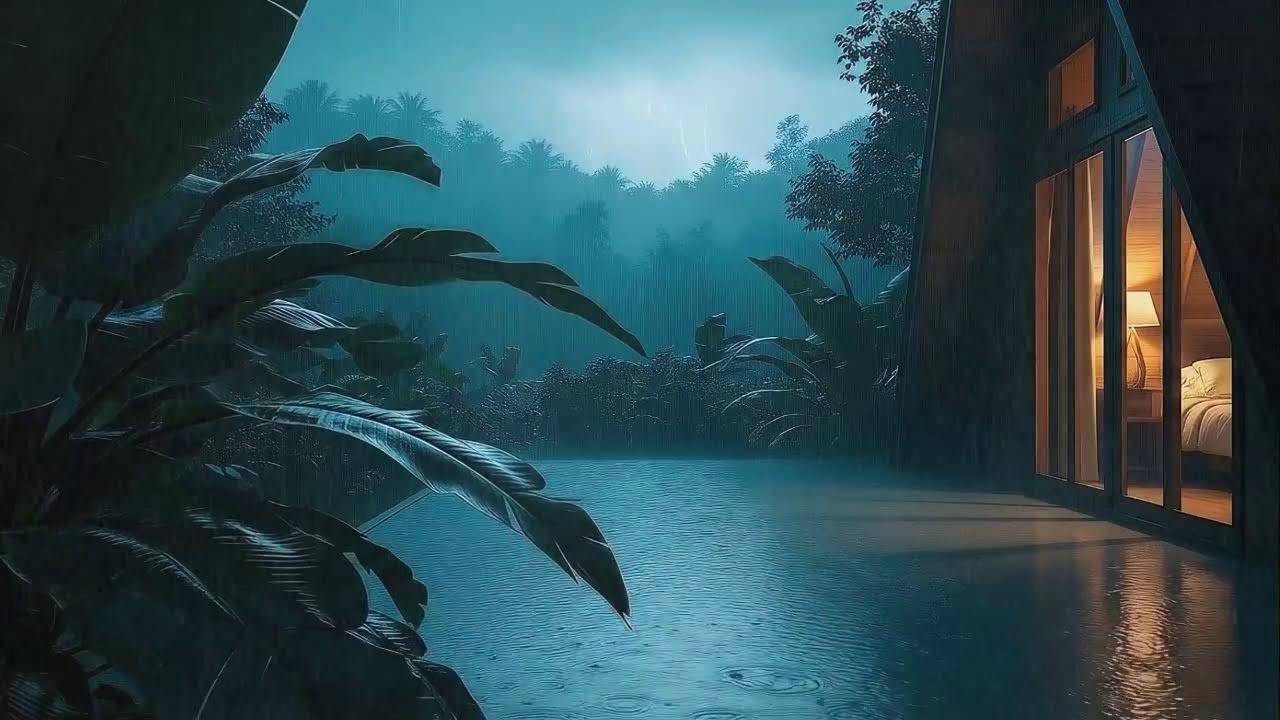 Night Rain Cocoon with Soft Thunder at Jungle Cabin for Sleep 🌧️