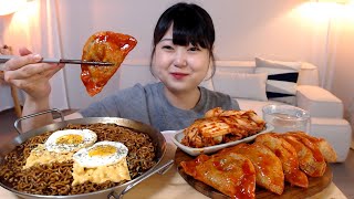 바삭한 양념만두 짜계치(짜파게티 치즈 계란) 배추김치 먹방 Jjapagetti Spicy dumplings Kimchi Mukbang Eatingsound