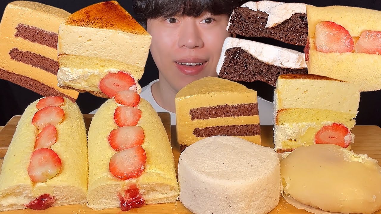 (Подписка) Торт, брауни с маршмеллоу, рулет с клубничным кремом, корейские десерты, мукбанг, ASMR
