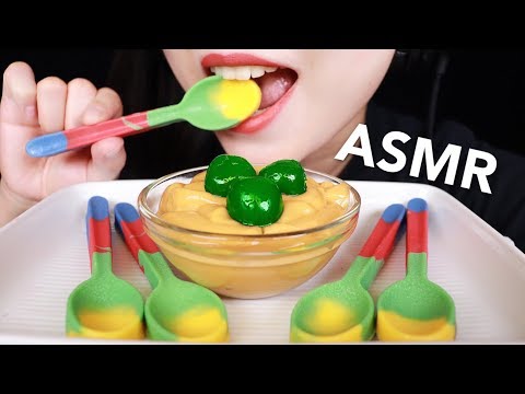 ASMR Eating Artsy-fartsy Chocolate Spoons + Butterscotch Pudding | Asmr food | 食べられるスプーン | 숟가락 리얼사운드
