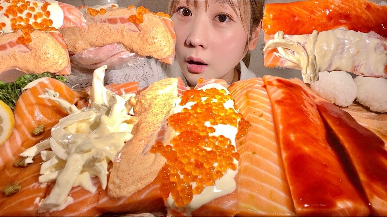 ASMR Лосось с разными соусами【русские субтитры】【Mukbang/ Eating Sounds】