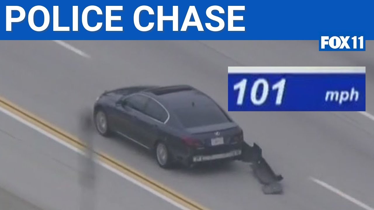 Police chase suspect breaks 100 mph with bumper dangling - YouTube