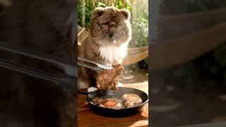 A Ragdoll Cat is Cooking Roasted Lamb Chops