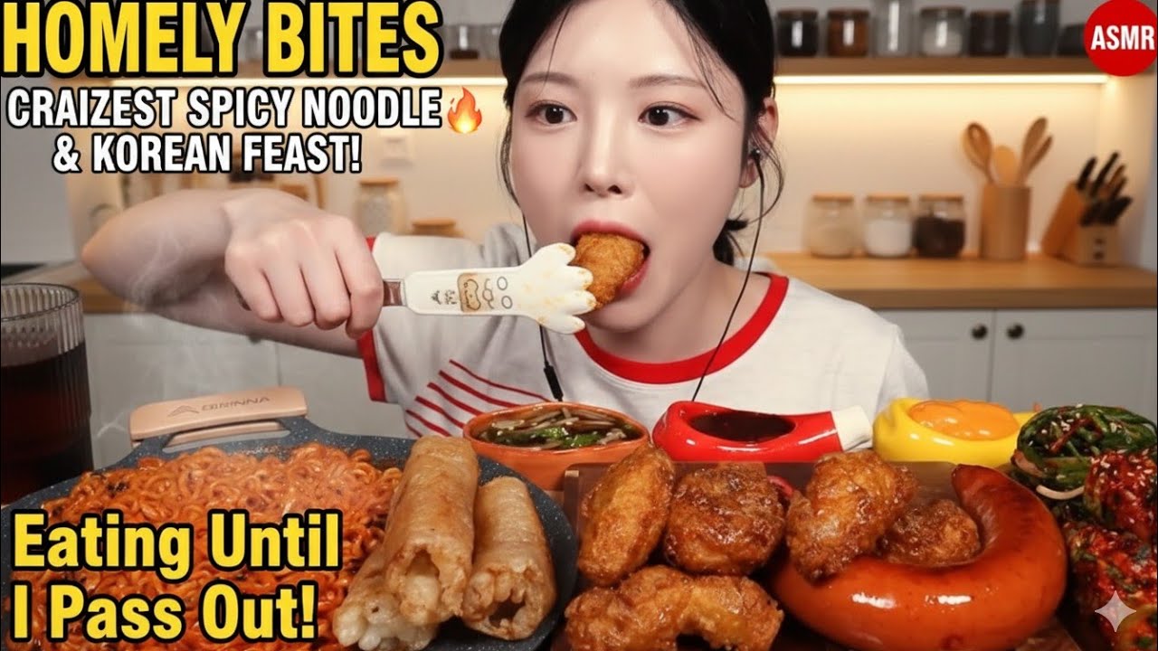 ASMR SPICY KOREAN FEAST 🌶️ Giant Spring Rolls & Fried Chicken | Homely Bites#mukbang #asmr 