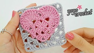 كروشية قلب داخل مربع جرانى خطوة بخطوة  - Crochet a heart inside a granny square #يويو_كروشية