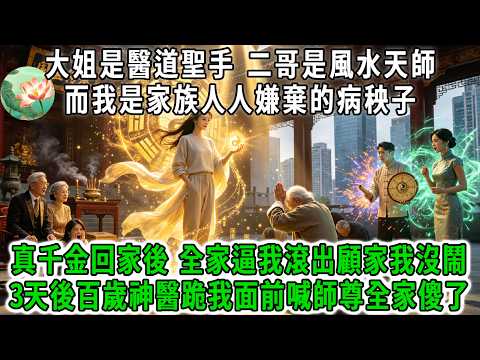 大姐是醫道聖手，二哥是風水天師，而我是家族人人嫌棄的病秧子。真千金回家後，全家逼我交出祖傳玉佩滾出顧家。三天後國醫大會上，百歲神醫卻跪在我面前喊師尊，全家看著直播當場嚇瘋！#荷上清風 #爽文