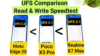 Realme X7 Max vs Poco X3 Pro vs Moto Edge 20 UFS Storage Speedtest Comparison