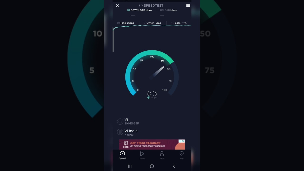 Vi 699 plan 64Mbps/29Mpbs upload and download speed test 