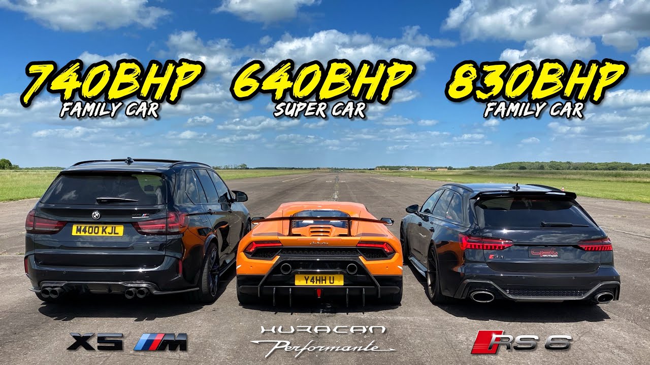 FAMILY CAR vs SUPER CAR..740HP X5M vs 640HP HURACAN vs 830HP RS6