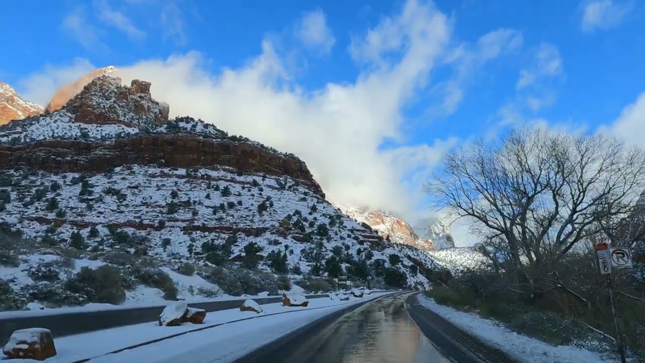 Drive Through Zion after Snow on 2-20-26 in 4K, Part 1