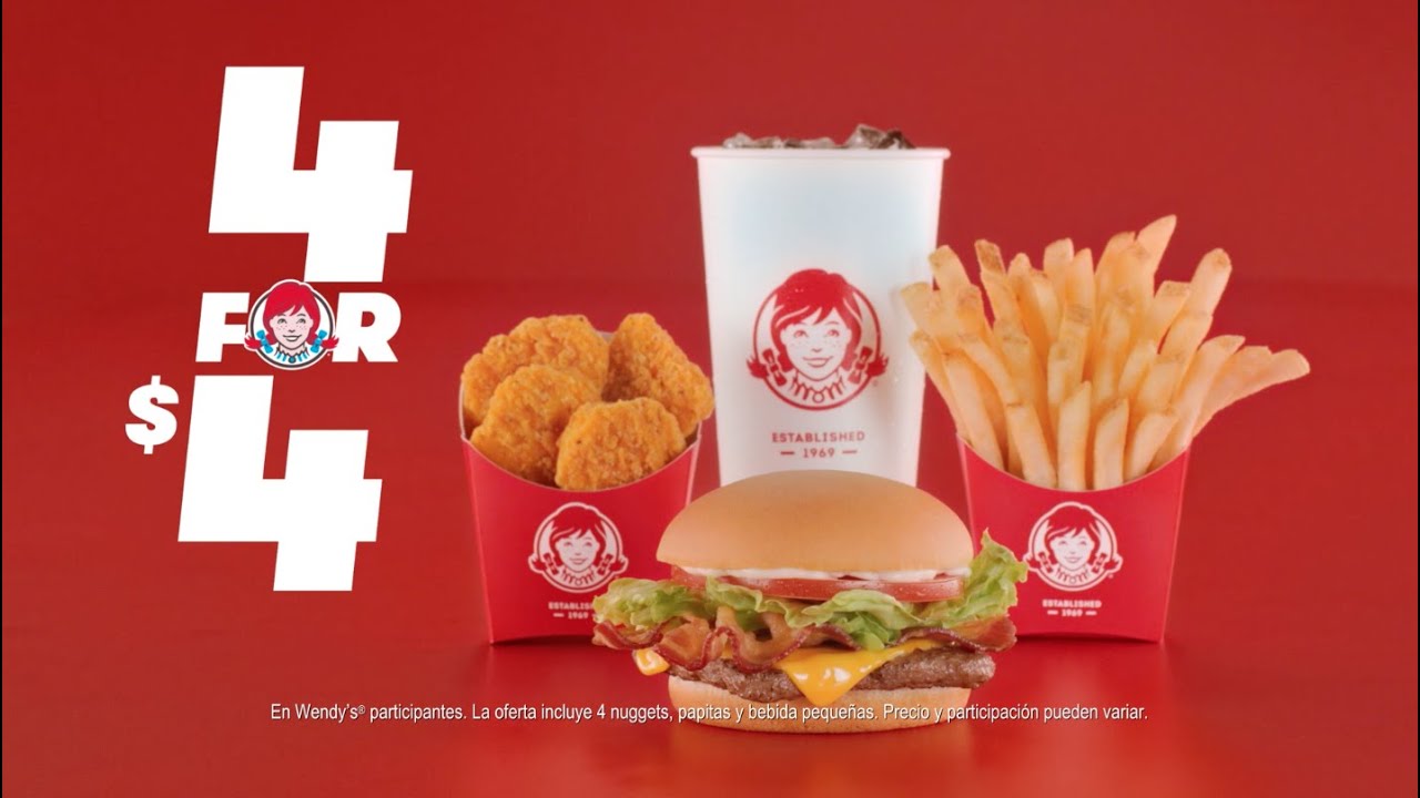Disfruta la calidad de siempre - Ahora el 4 for $4 de Wendy’s viene con nuestros insuperables Spicy Nuggets. Disfruta un value meal completo al elegir entre una Junior Bacon Cheeseburger, una D