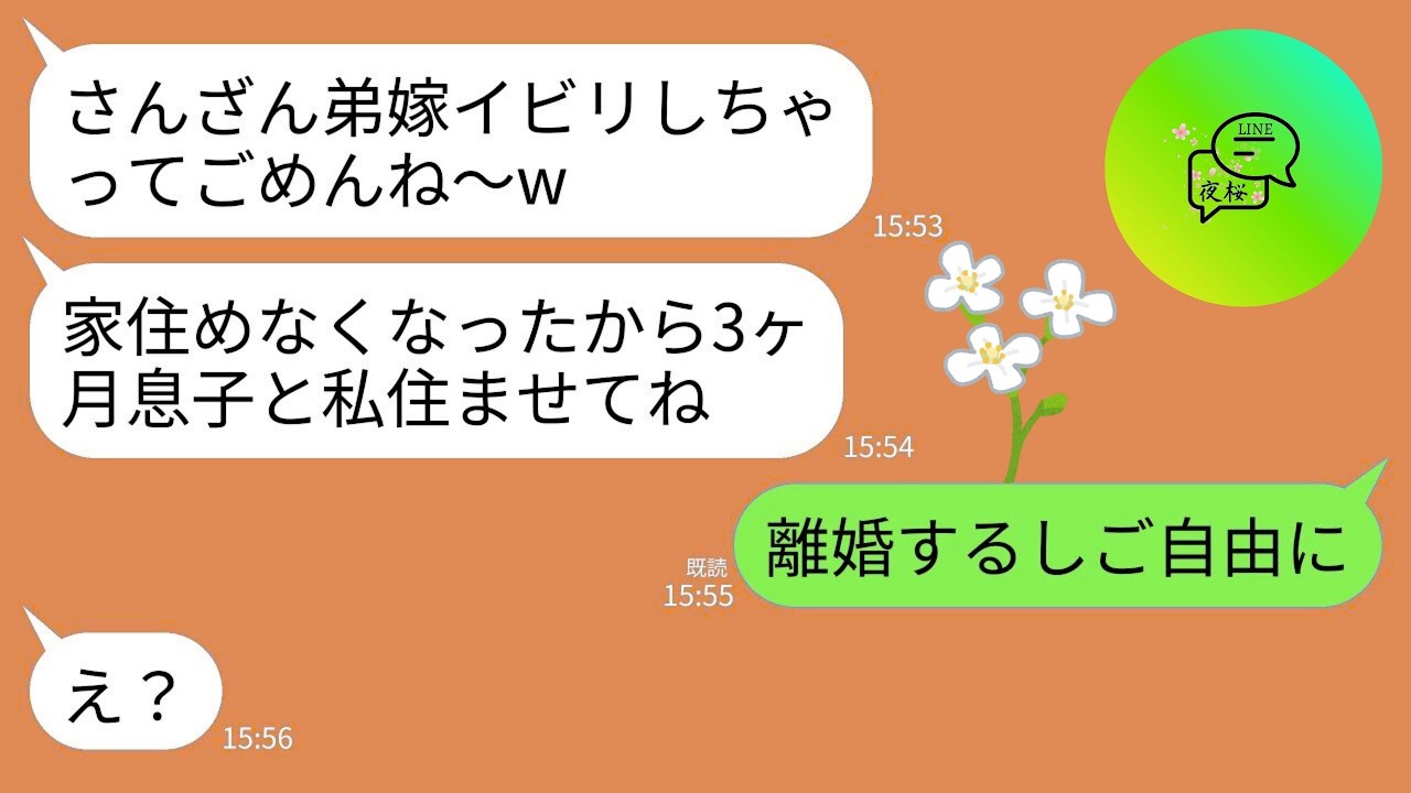 【LINE】私を一方的に嫌う義姉が突然転がり込んできた…。義姉「3ヶ月だけ息子と私泊めてねw」夫「断るなら離婚する」→私「じゃあ離婚します」→速攻で離婚して引っ越した結果w