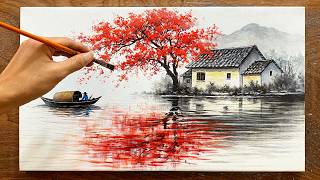 How to paint landscape /#157/ Landscape featuring a lake and a house / Acrylic landscape painting.