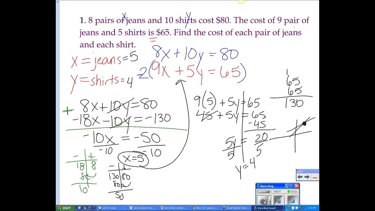 word problems solved by elimination method