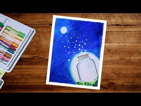 images Moon Light Scenery Drawing With Oil Pastels moonlight night firefly drawing with