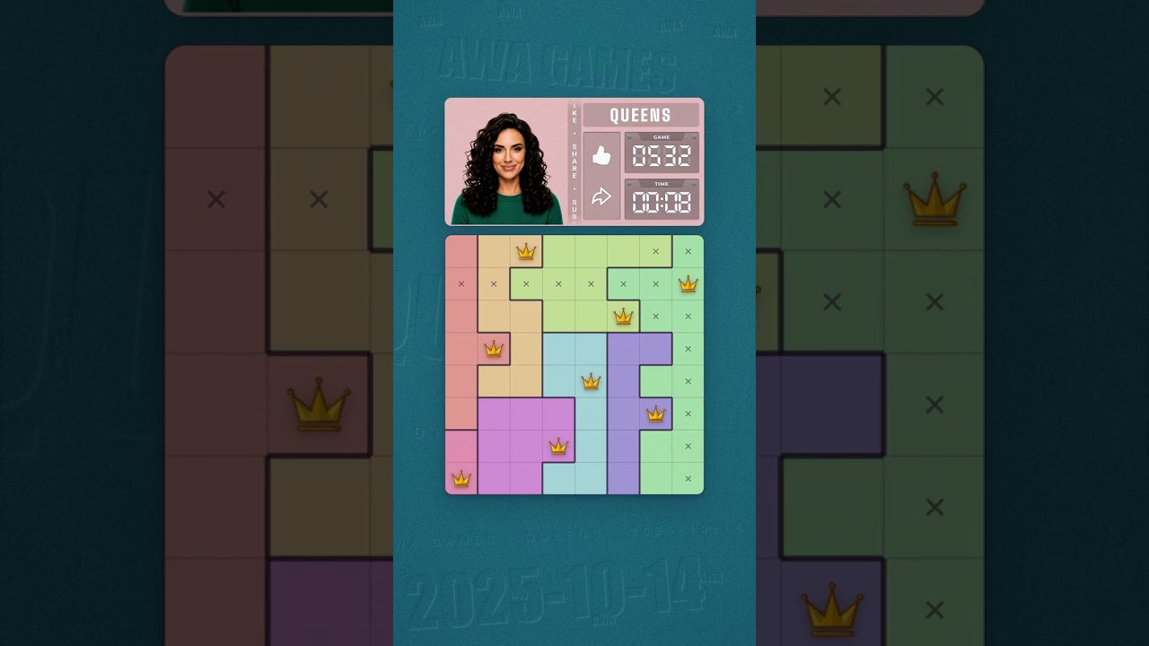 LinkedIn Queens #532 solved board for October 14, 2025, 8x8 grid