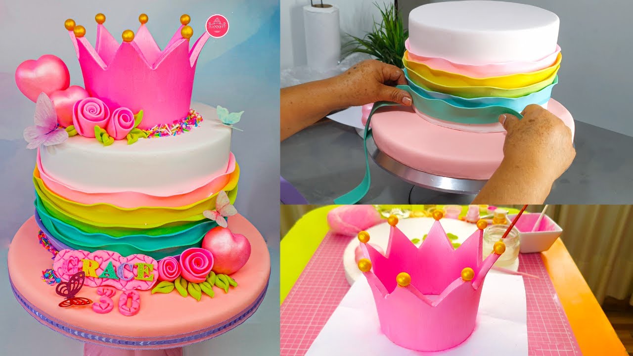 Torta con corona y olanes de fondant / Wave ruffles cake.