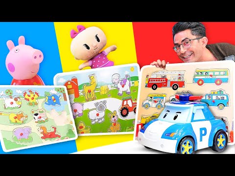 Robocar Poli Peppa Pig ve Bebe çeşitli puzzle ve yapboz yapıyorlar! Çocuklar için eğitici video